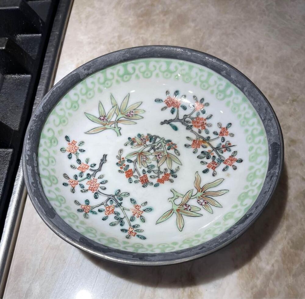 Vintage Japanese ACF Porcelain Ware bowl handpainted in Hong Kong pewter